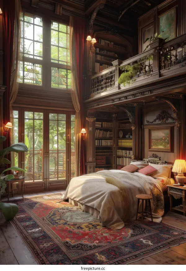 Cozy Antique Library Bedroom Illustration