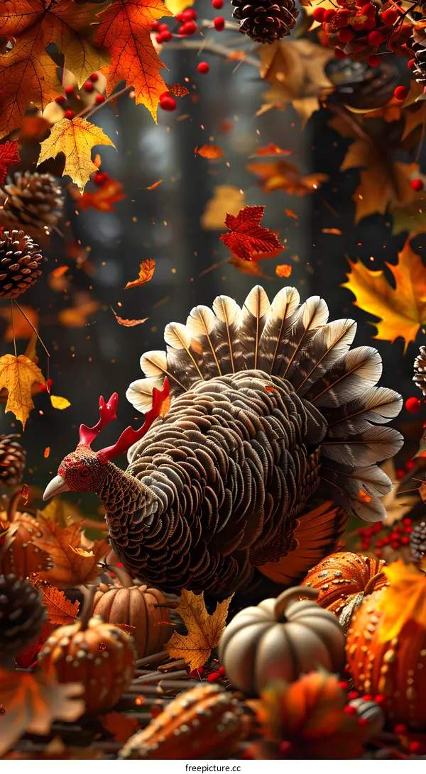 A turkey standing next to a pile of pumpkins, with leaves falling all around