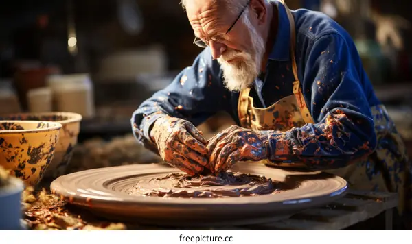 A potter works on a pottery wheel