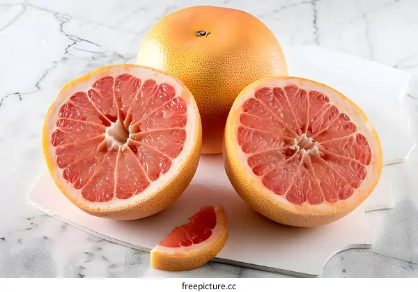 Fresh Ripe Grapefruit Slices on White Marble Background