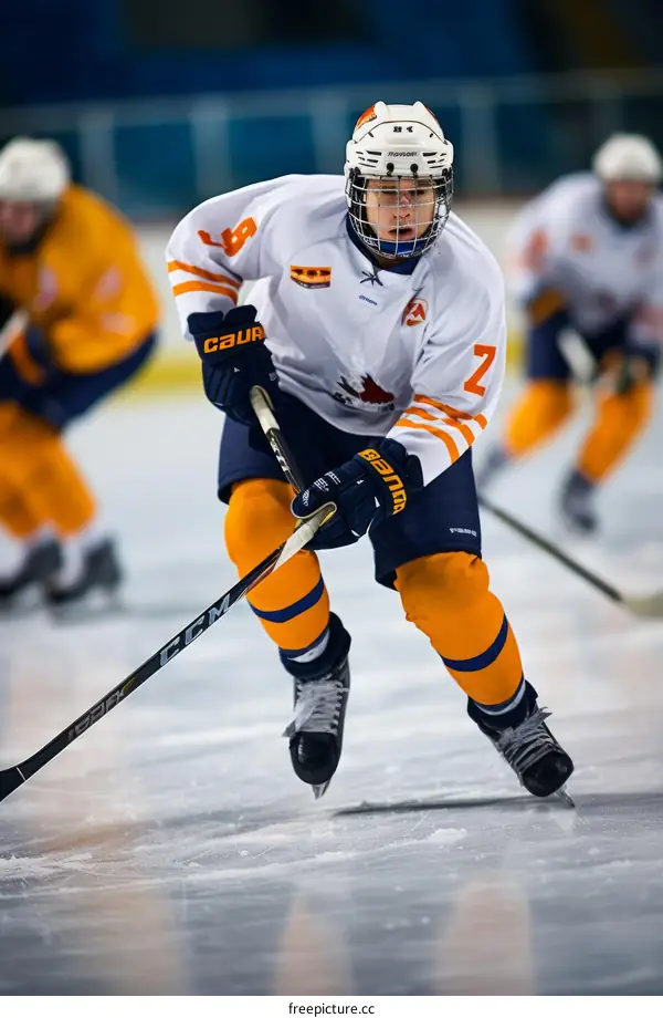 Ice hockey player in white jersey with number 7 skating on the ice during a game
