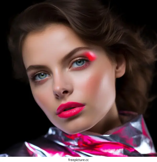 Portrait of a young woman with pink makeup and silver scarf