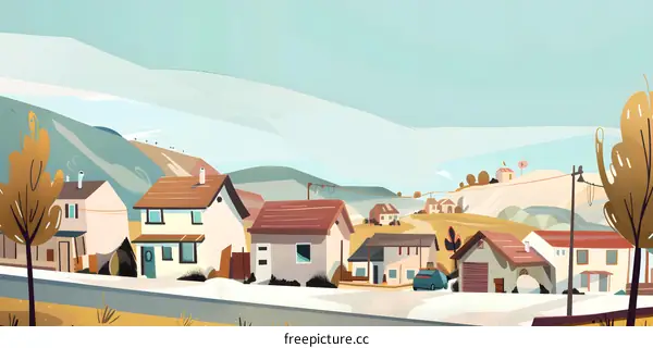 Cartoon illustration of a picturesque town in a mountain valley