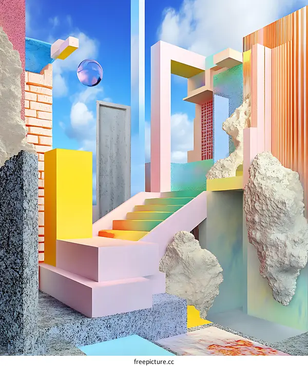 Abstract Minimalist Geometric Architectural Composition with Colorful Shapes and a Blue Sky