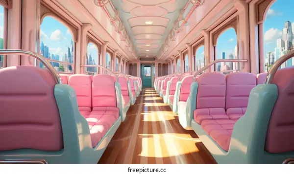 A pink and blue pastel-colored train carriage with large windows