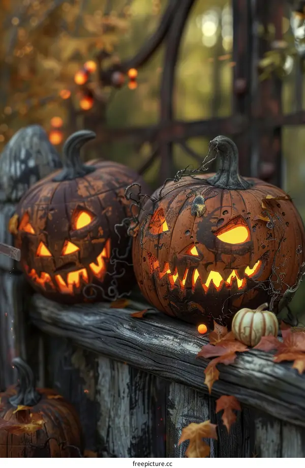 Spooky Pumpkins on a Wooden Fence