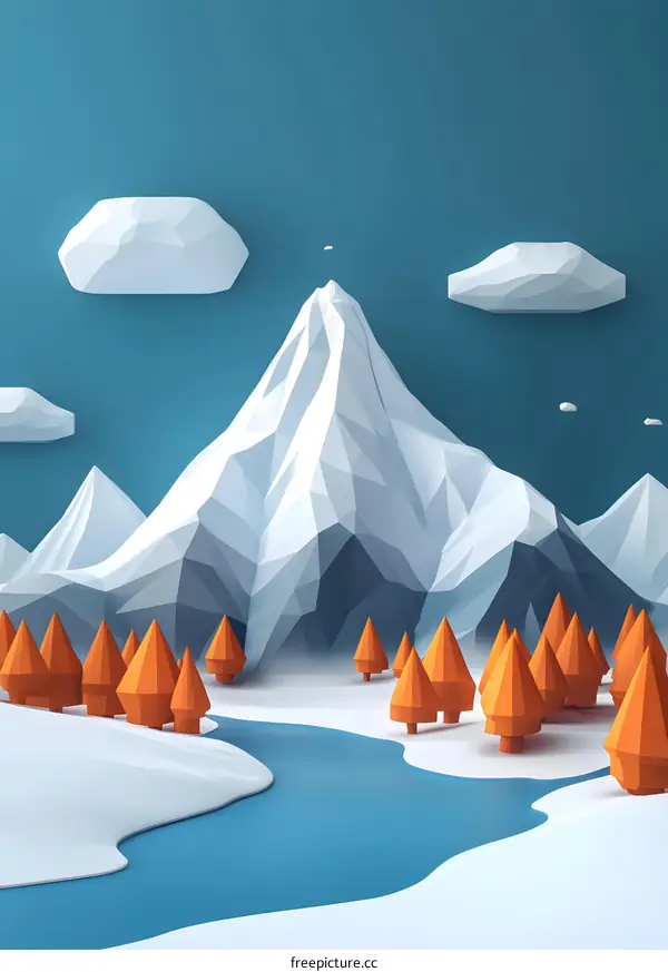 Low Poly Mountain Landscape With Orange Trees