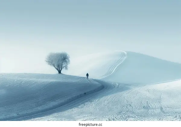 Man walking alone in snow field toward lonely tree