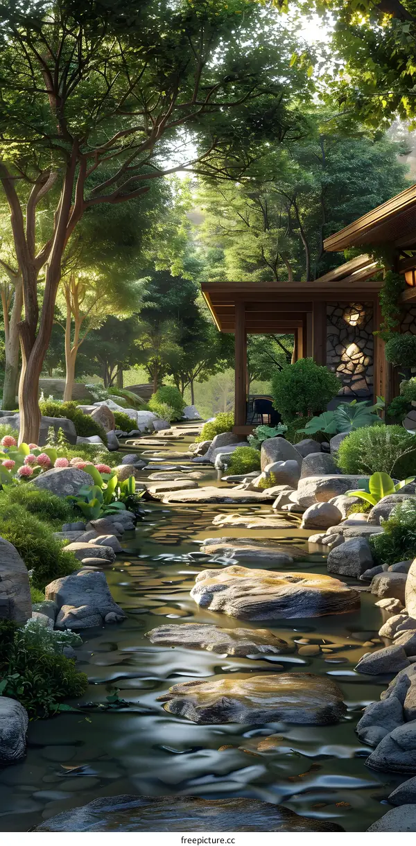 A Japanese house beside a mountain stream