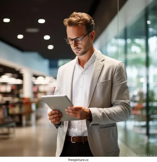 Young man in glasses using a tablet