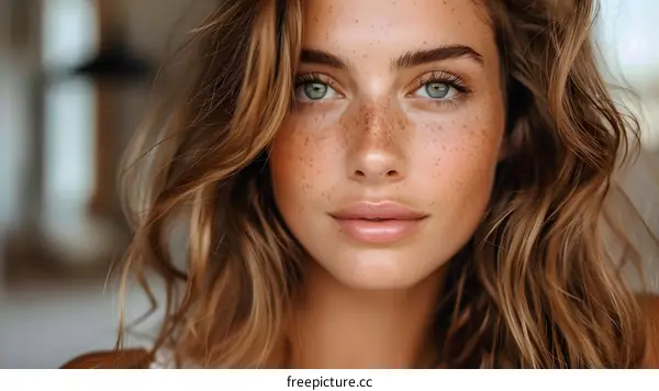 Close up Portrait of a Young Woman with Freckles and Blue Eyes