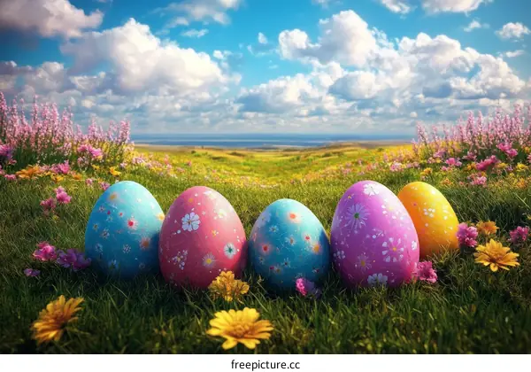 Colorful Easter Eggs in a Floral Meadow