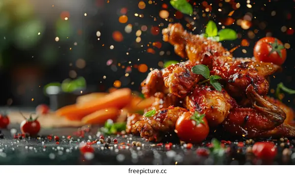 A plate of delicious chicken wings with cherry tomatoes and carrots