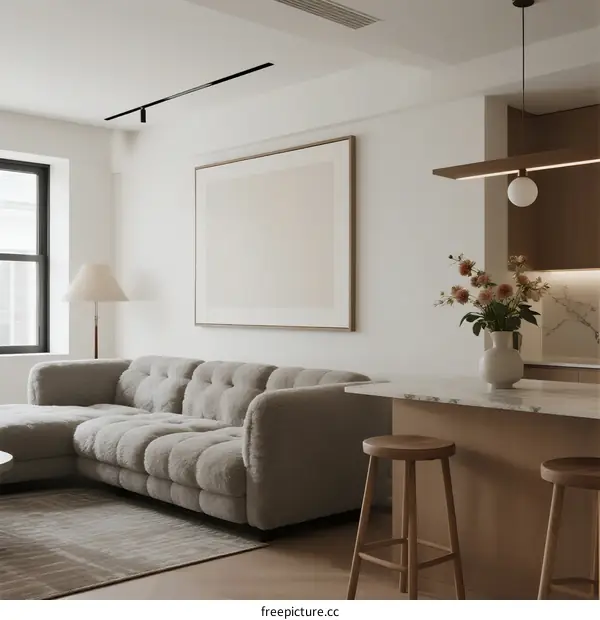 Modern Minimalist Living Room with Sectional Sofa and Counter Stools