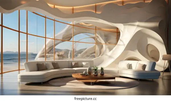 Modern interior design living room with large windows and curved walls