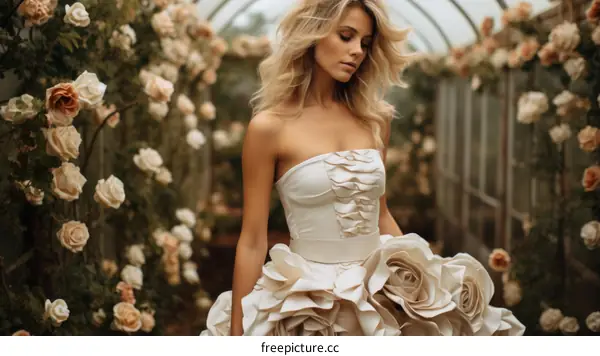 Beautiful bride in a white wedding dress in a greenhouse with roses