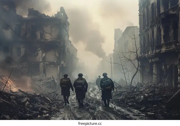 Three soldiers walking through a destroyed city