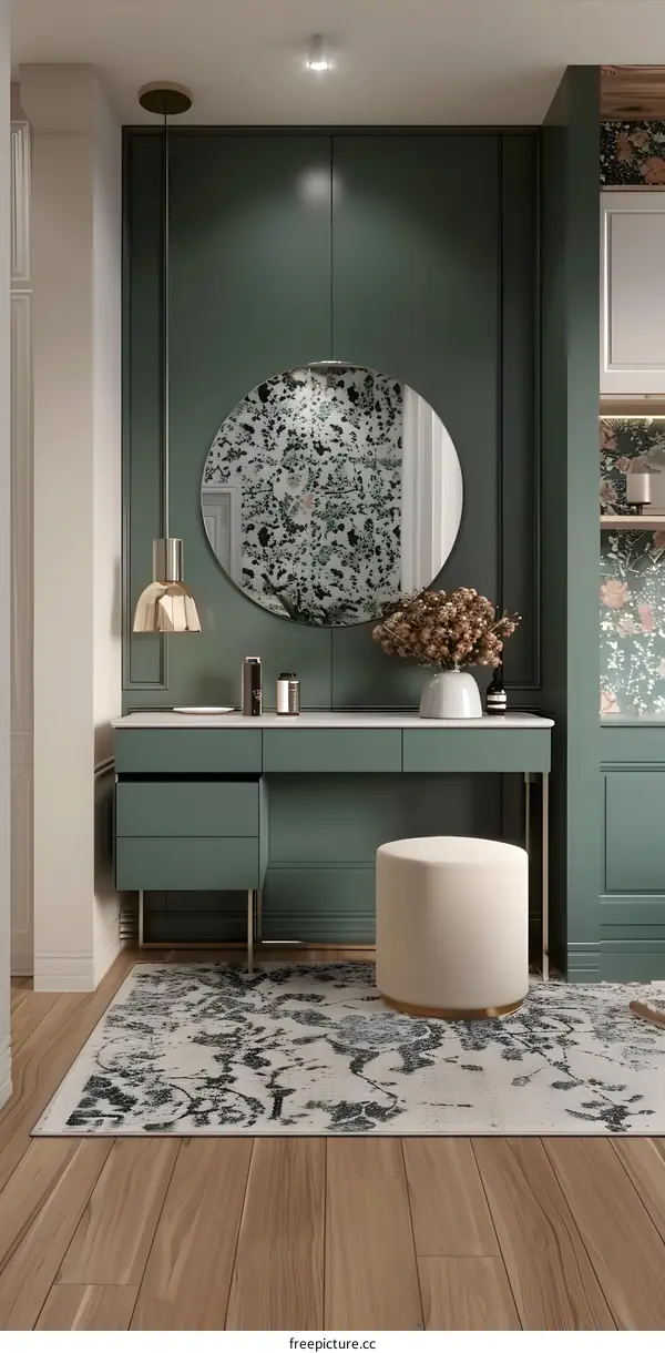 Green and White Interior Design with Oval Mirror