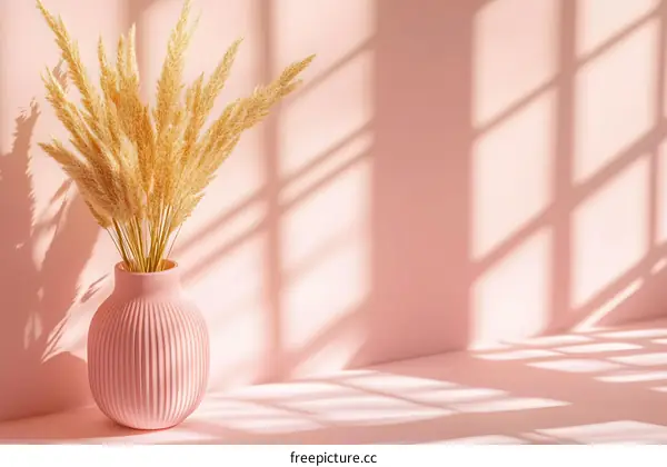 Minimalist Dried Pampas Grass in Pink Vase Against Pink Wall With Window Light