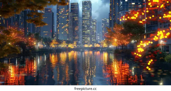 Cityscape Reflections at Night with Trees and Lights