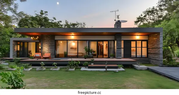 Modern Stone House with Large Windows and Wooden Deck