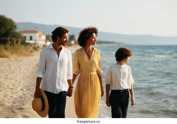 Family walk on the beach at sunset