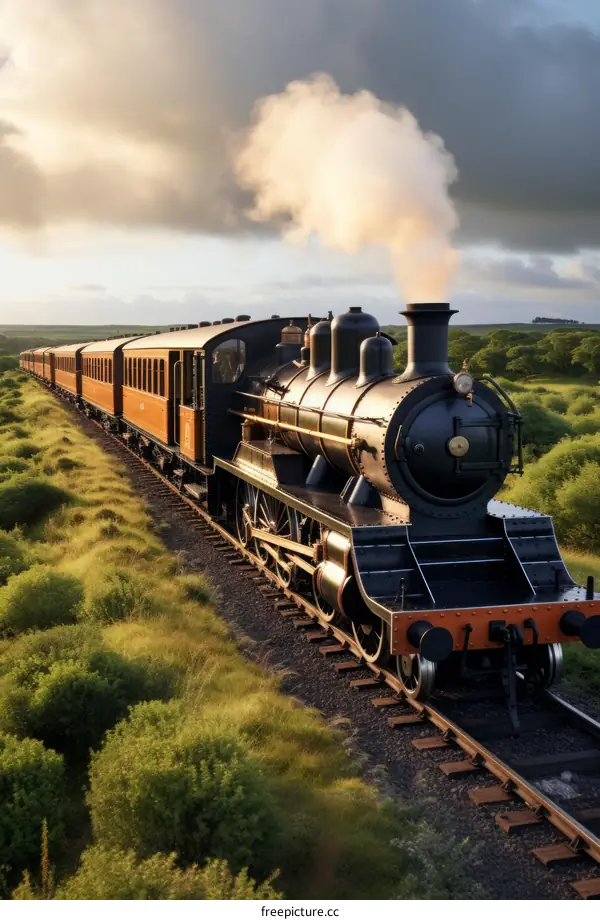 A vintage steam locomotive train travels through the countryside