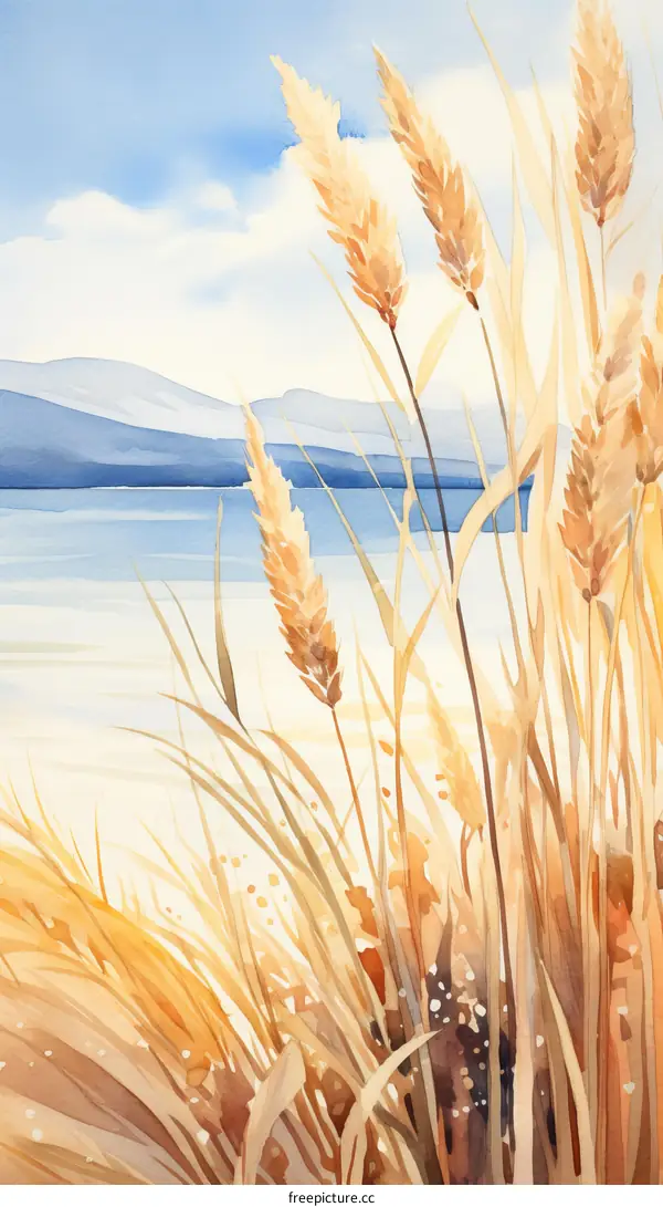 watercolor painting of wheat field with mountains and lake in background
