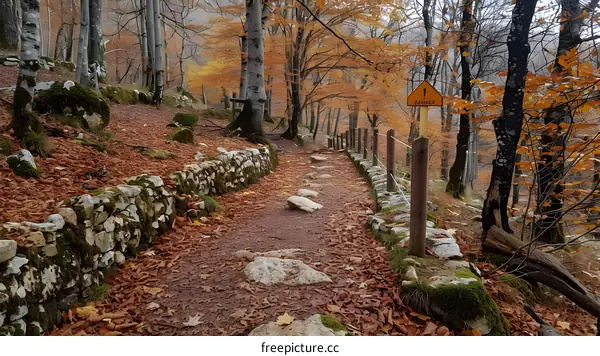 Autumn Path in the Forest with Fallen Leaves and a Warning Sign