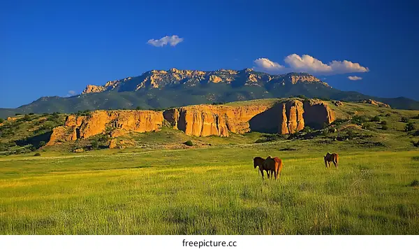 Vast Plains with Majestic Mountains and Horses