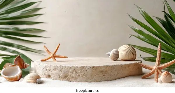 Beige Coastal Display with Seashells and Starfish