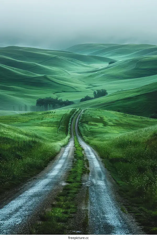 Scenic Country Road Winding Through Green Hills