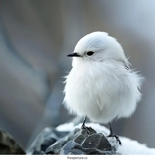 Small white bird standing on a snowy rock