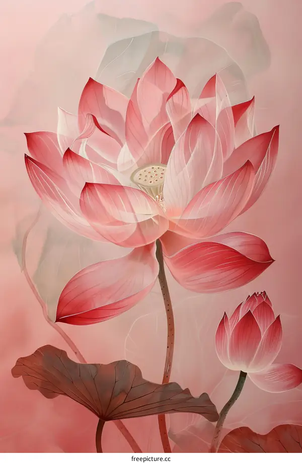 Pink lotus flower with green leaves on a pink background