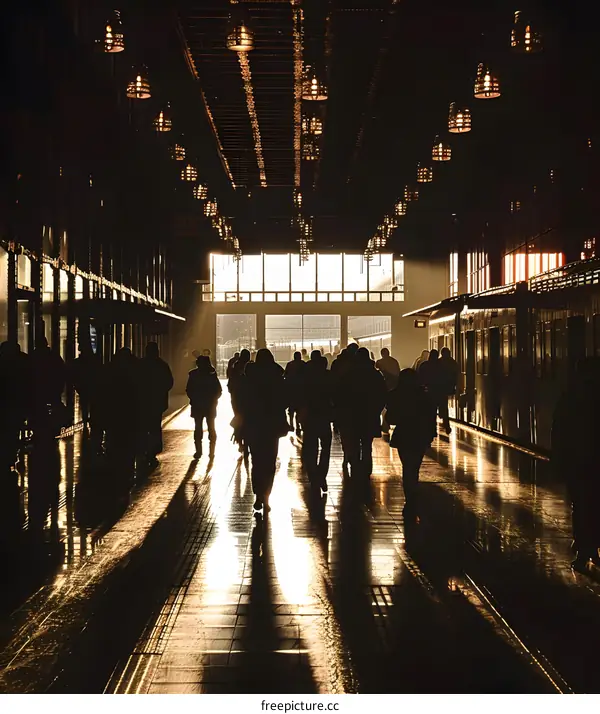 Silhouettes of People Walking Through a Train Station