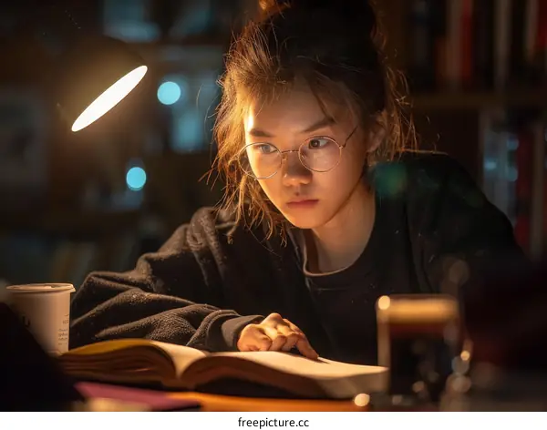 A young woman is studying in the library.