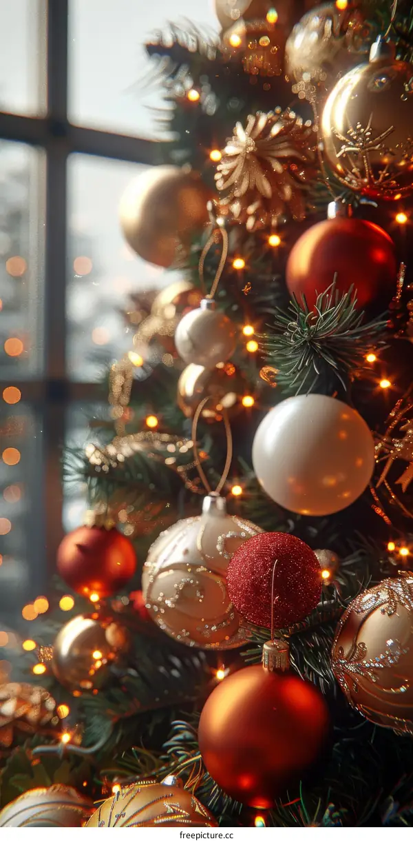 Close Up of Christmas Tree Ornaments in Red and Gold