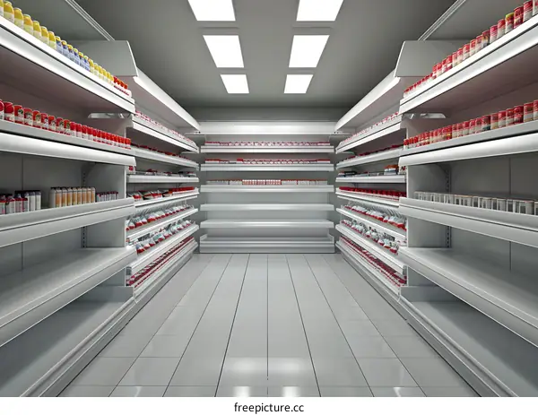Empty Supermarket Aisle With Shelves Full of Canned Goods
