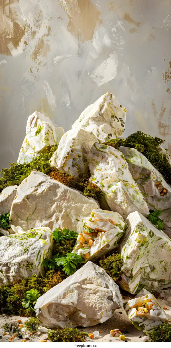 Green Moss Covered Rocks On Sand