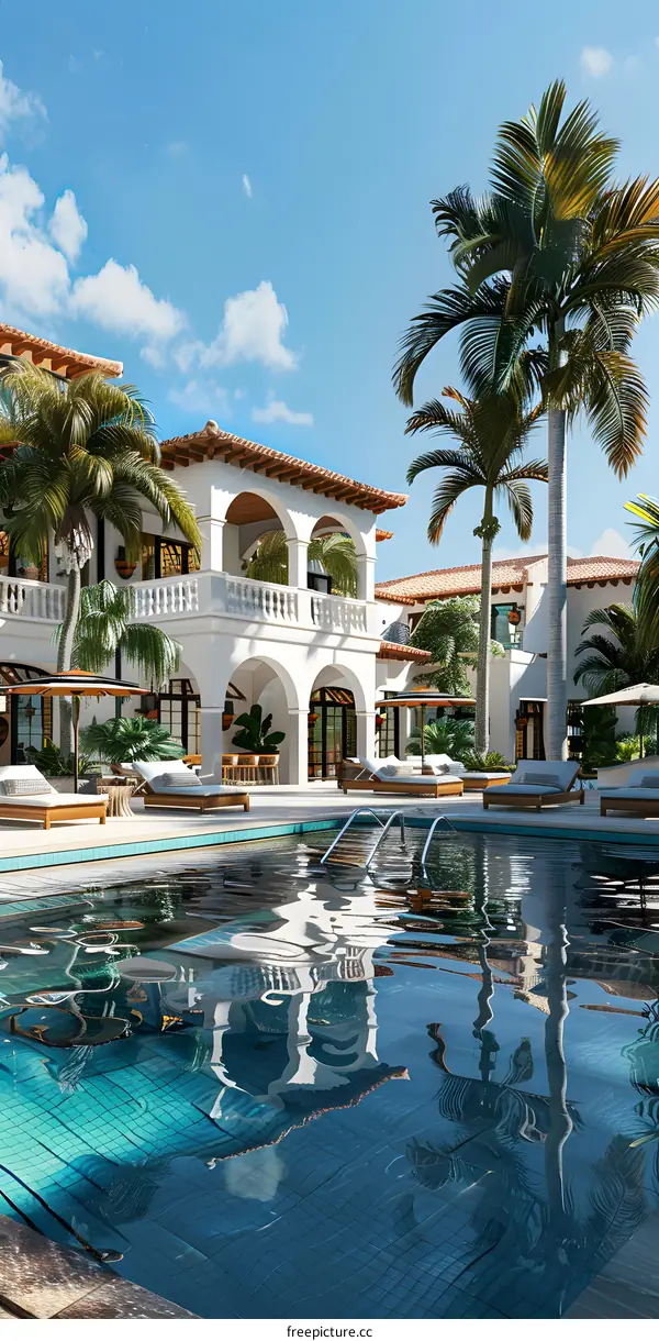 Tropical Swimming Pool With Lush Greenery And A White House