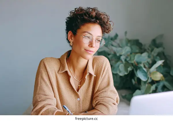 Woman working on laptop in a modern home office.