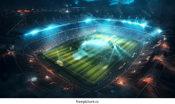 Aerial view of a soccer stadium at night during a match