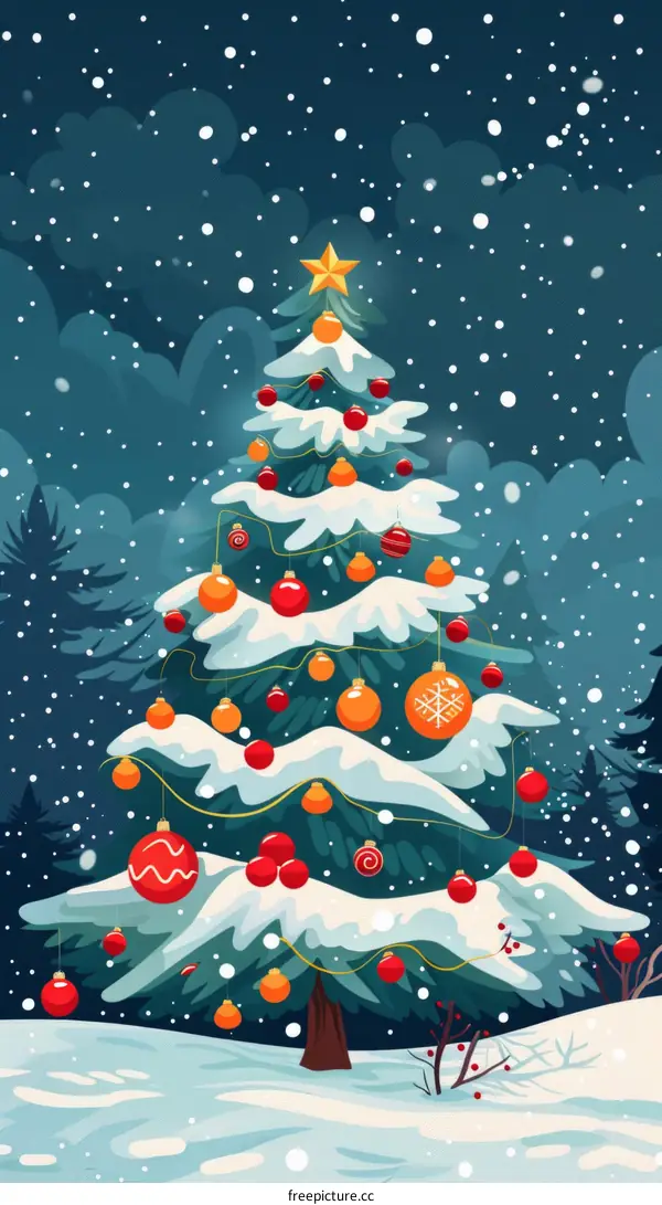 A Cartoon Christmas Tree with Ornaments and a Star on Top