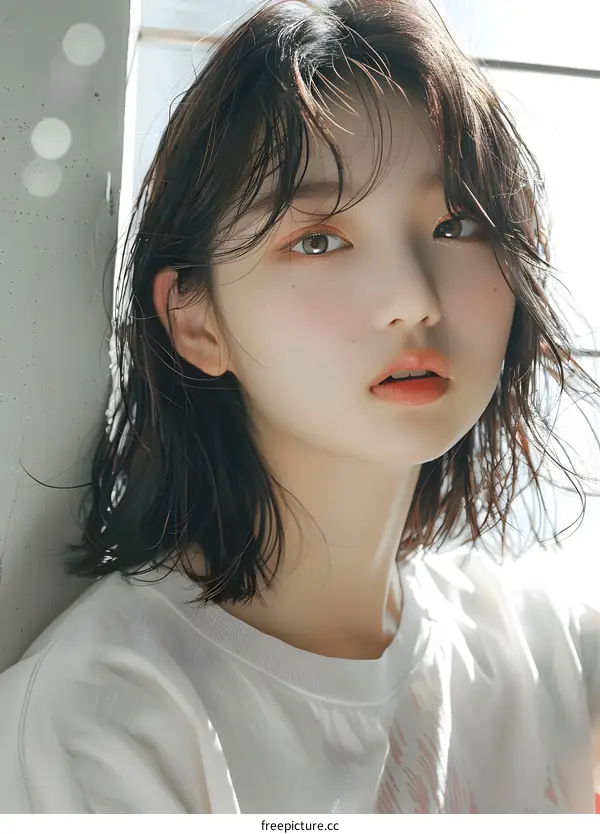 Beautiful Asian Woman with Short Hair Looking at the Camera