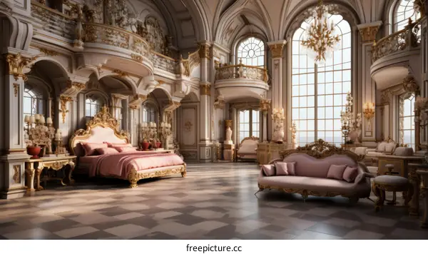 Ornate bedroom with pink bedding and golden furniture