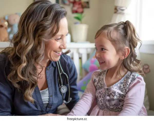 A female doctor is talking to a smiling young girl.