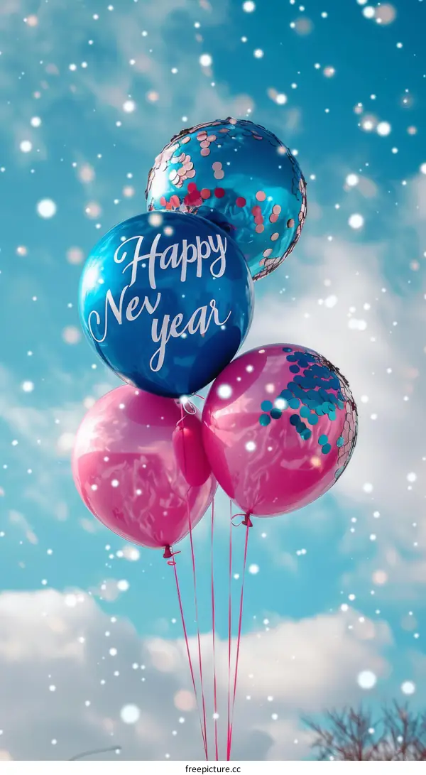 Happy New Year Celebration with Pink and Blue Balloons
