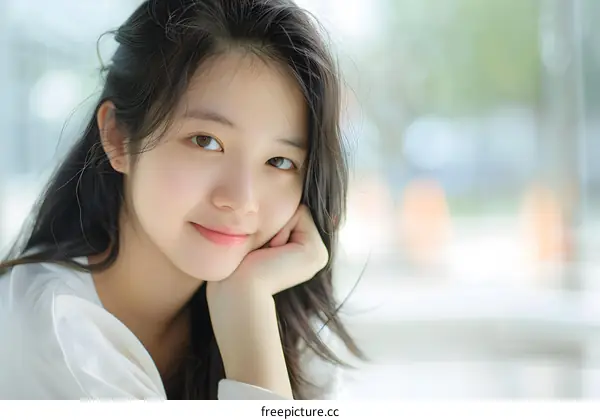 Portrait of a Smiling Asian Woman with Long Black Hair