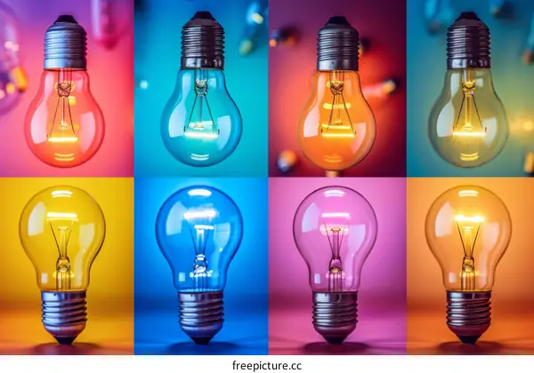Light bulbs of different colors on a colored background