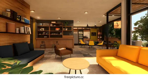 Modern Interior Design Living Room With Yellow Sofa and Wooden Furniture